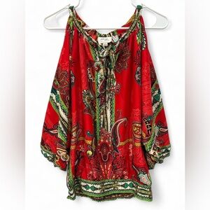 Women's Beige By Eci Vibrant Paisely Floral Cold Shoulder Boho Blouse Medium